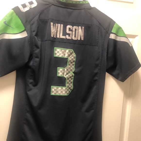 Nike On Field NFL Seattle Seahawks #3 Wilson Boy's Blue Silver Lime Jersey - Picture 4 of 13